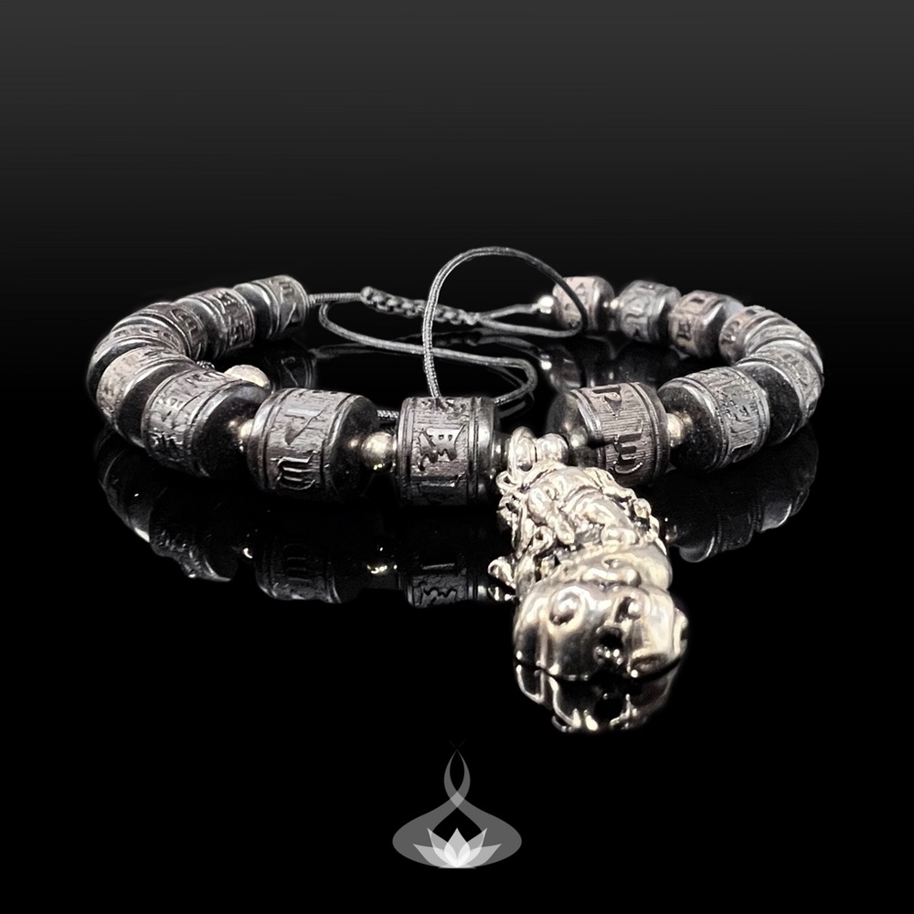 Ebony Tibetan 6 Character Prayer Wheel Mantra Bracelet with  Silver Pixiu Charm